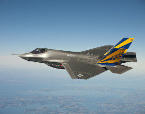 The U.S. Navy variant of the F-35 Joint Strike Fighter in a test flight over the Chesapeake Bay. [Defense Department photoe]