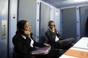 President Barack Obama and National Security Advisor Susan E. Rice talk on the phone with Homeland Security Advisor Lisa Monaco to receive an update on a terrorist attack in Brussels, Belgium. The President made the call from the residence of the U.S. Chief of Mission in Havana, Cuba, March 22, 2016. (Official White House Photo by Pete Souza)