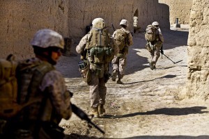 U.S. Marines patrol street in Shah Karez in Helmand Province, Afghanistan. (U.S. Marine Corps photo by Staff Sgt. Robert Storm)