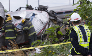 National Transportation Safety Board officials examine site of Amtrak derailment, which occurred on May 12, 2015, in Philadelphia, Pennsylvania. (NTSB photo)