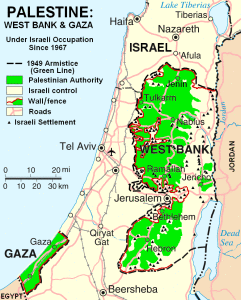 A map showing Israeli settlements in the Palestinian Territories.