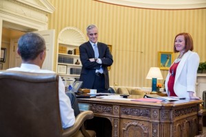 President Barack Obama meets with Chief of Staff Denis McDonough and Jen Psaki, Director of Communications, in the Oval Office, April 1, 2015. (Official White House Photo by Pete Souza)