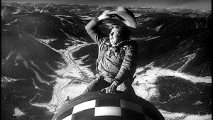A scene from "Dr. Strangelove," in which the bomber pilot (played by actor Slim Pickens) rides a nuclear bomb to its target in the Soviet Union. 