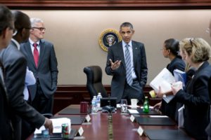 President Barack Obama concludes a National Security Council meeting in the Situation Room of the White House in advance of his trip to Saudi Arabia, the United Kingdom and Germany, April 19, 2016. (Official White House Photo by Pete Souza)