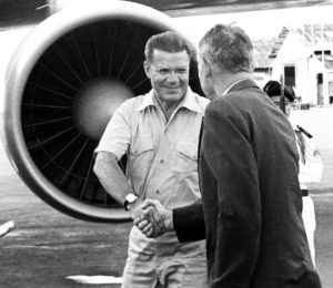 U.S. Secretary of Defense Robert McNamara leaving Saigon, September 1967 following one of his many trips to gauge the war in Vietnam. He shakes hands with U.S. Ambassador Maxwell Taylor. (Photo credit: Don North)