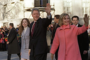 President Bill Clinton, First Lady Hillary Clinton and daughter Chelsea parade down Pennsylvania Avenue on Inauguration Day, Jan. 20, 1997. (White House photo)