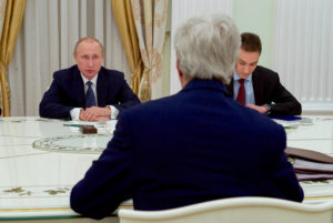 U.S. Secretary of State John Kerry listens to Russian President Vladimir Putin in a meeting room at the Kremlin in Moscow, Russia, at the outset of a bilateral meeting on July 14, 2016. [State Department Photo]