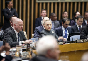 U.S. Secretary of State Hillary Clinton delivers remarks at a United Nations Security Council Session on the situation in Syria at the United Nations in New York on Jan. 31, 2012. [State Department Photo]