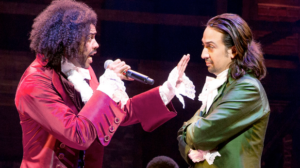In the Broadway musical "Hamilton," actor Daveed Diggs (left) who plays Thomas Jefferson and the musical's creator Lin-Manuel Miranda, who plays Alexander Hamilton.