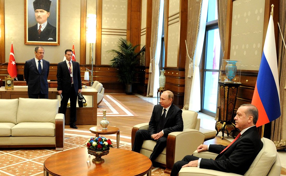 Russian President Vladiimir Putin meeting with President of Turkey Recep Erdogan; Russian Minister of Foreign Affairs Sergei Lavrov standing in background, Ankara, Dec. 1, 2014 Ankara. (Kremlin)