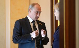 Russian President Vladimir Putin with German Chancellor Angela Merkel on May 10, 2015, at the Kremlin. (Photo from Russian government)