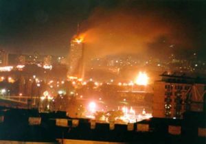 Image of Belgrade, Yugoslavia, after a NATO bombing raid in 1999.