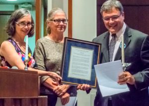 Former CIA officer John Kiriakou (right) receiving 2016 Sam Adams Award for Integrity from Elizabeth Murray (left) and Coleen Rowley on Sept. 25, 2016, in Washington, D.C. (Photo credit: Linda Lewis)