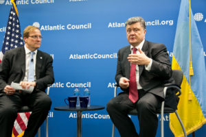 Ukraine's anti-Russian President Petro Poroshenko speaking to the Atlantic Council in 2014. (Photo credit: Atlantic Council)