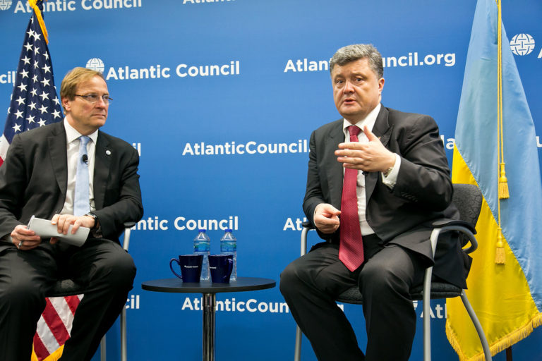 Ukraine’s anti-Russian President Petro Poroshenko speaking to the Atlantic Council in 2014. (Photo credit: Atlantic Council)