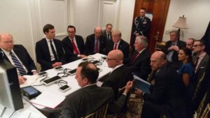 The photograph released by the White House of President Trump meeting with his advisers at his estate in Mar-a-Lago on April 6, 2017, regarding his decision to launch missile strikes against Syria. 