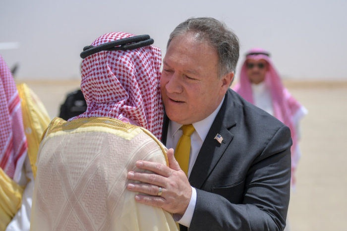 U.S. Secretary of State Mike Pompeo is greeted by Saudi Foreign Minister Adel al-Jubeir, in Riyadh, Saudi Arabia, on April 28, 2018