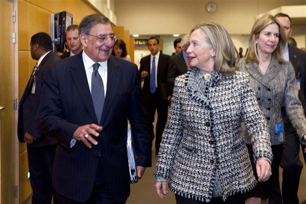 Defense Secretary Leon E. Panetta talks with Secretary of State Hillary Rodham Clinton at NATO Headquarters in Brussels, April 18, 2012. DOD photo by Erin A. Kirk-Cuomo