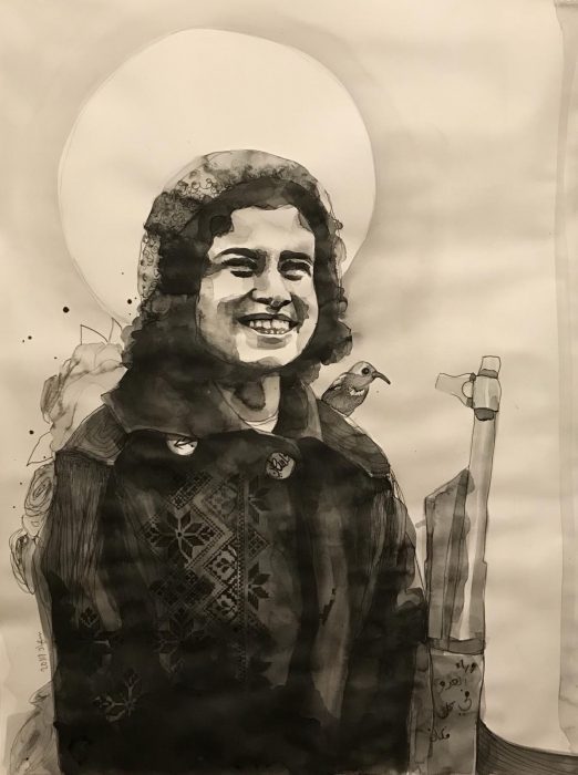 This week’s painting—above—is by Suhad Khatib, a San Francisco-based artist, designer and filmmaker, born in Oman, raised in Amman and currently living in the United States and unable to live in the hometowns of her parents due to colonialism. ‘This painting is to hold on to this smile, the one that makes her eyes disappear like that’, Suhad tells us. “It’s a gift from me to the generation of revolutionaries like Shadia… that will rise up again.”