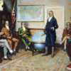 “The Birth of the Monroe Doctrine” by Clyde O. DeLand: U.S. President James Monroe presides over a cabinet meeting in 1823, discussing the Monroe Doctrine. Depicted people: John Quincy Adams, William H. Crawford, William Wirt, James Monroe, John C. Calhoun, Daniel D. Tompkins and John McLean