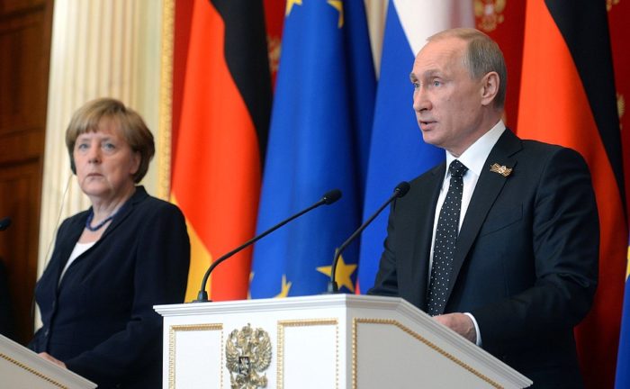 Angela Merkel and Vladimir Putin in Moscow, 2015. (The President of Russia) 