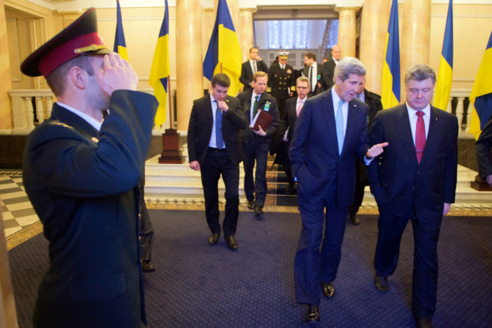 U.S. Secretary of State John Kerry, left, with Poroshenko, outside Presidential Palace in Kiev, Feb. 5, 2015, during Kerry’s first round of meetings with Poroshenko and members of the new government. (State Department via Flickr) 