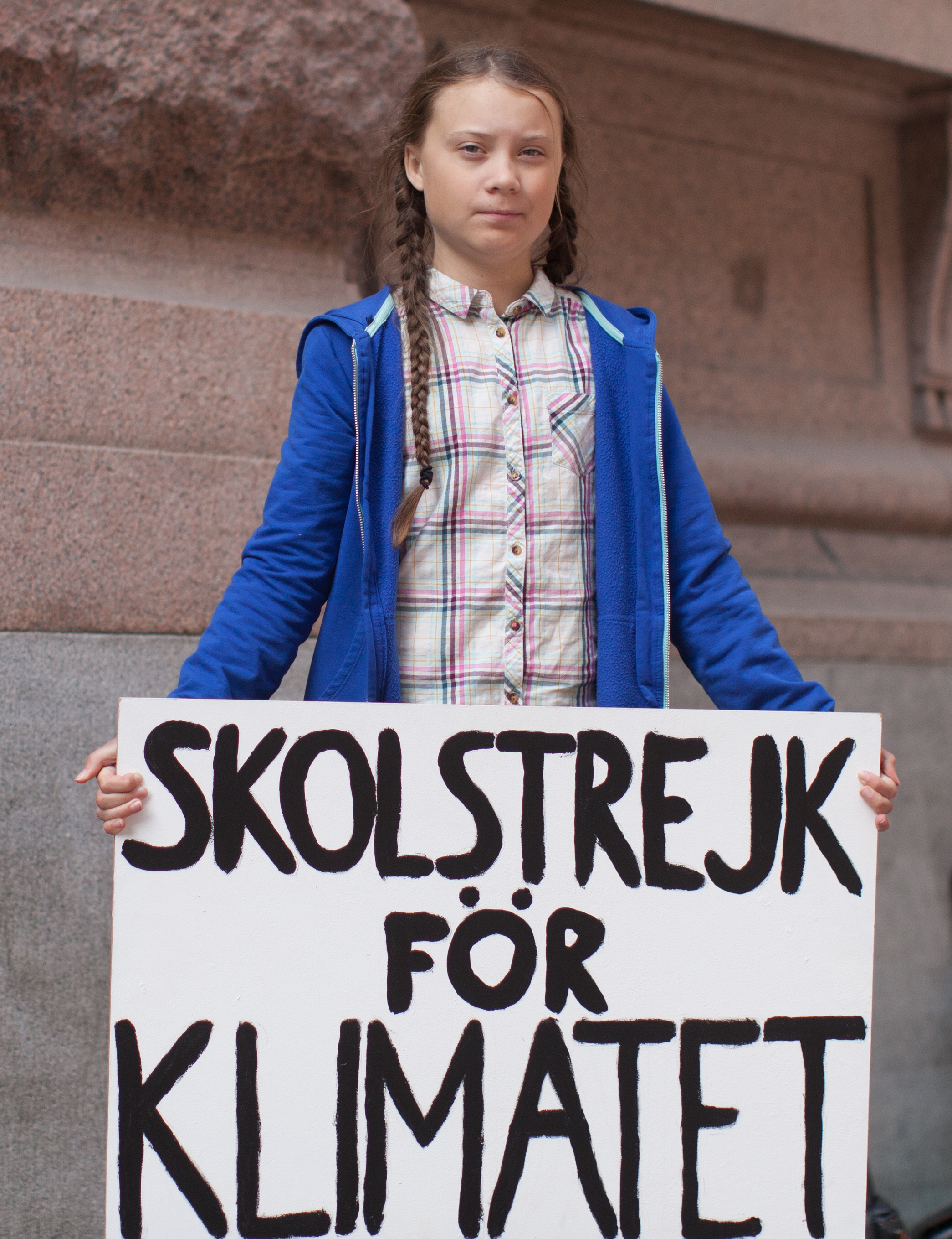 Greta Thunberg in front of the Swedish parliament in Stockholm, August 2018. (Wikimedia)