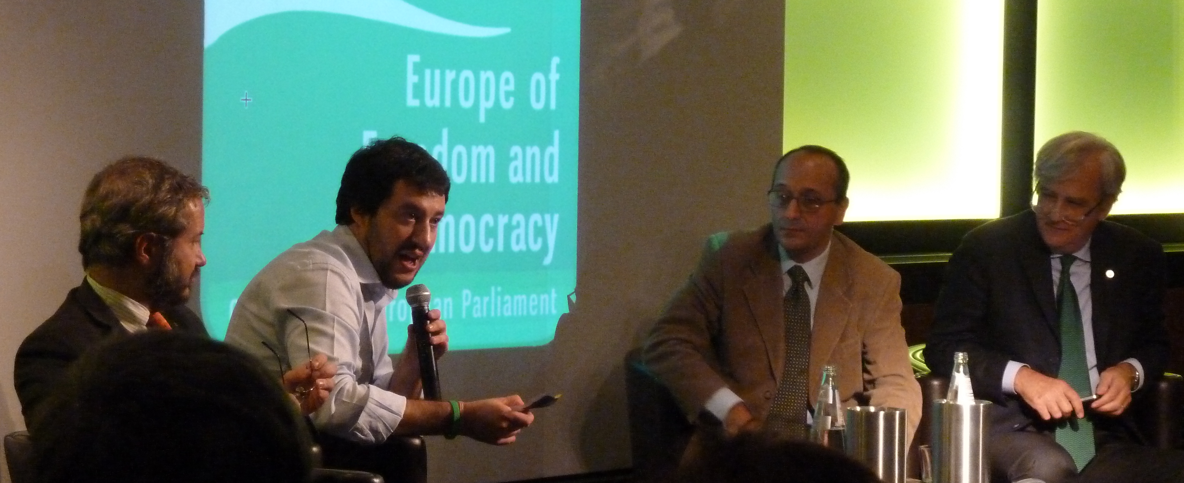 Salvini with microphone in 2013. (Wikimedia Commons)