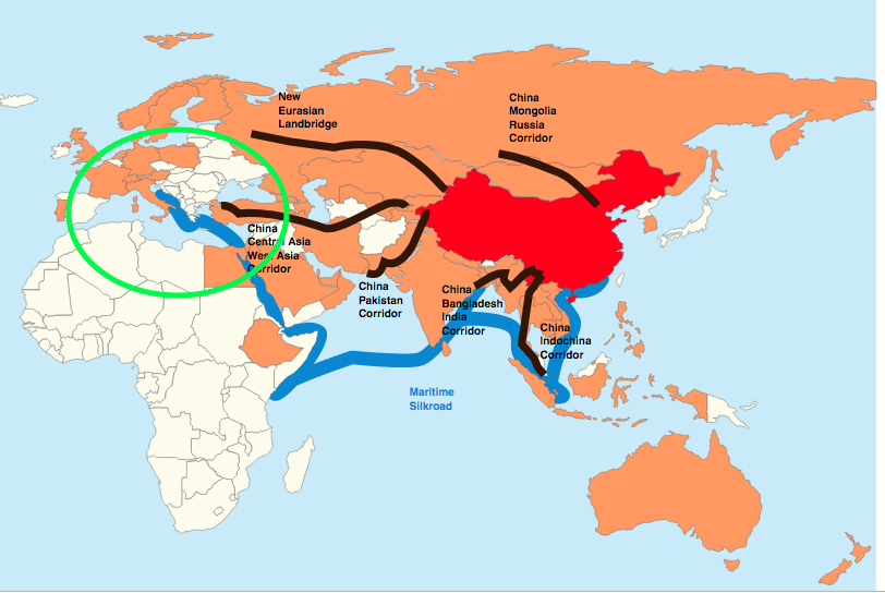 Six proposed corridors of Belt and Road Initiative, showing Italy inside circle, on maritime blue route. (Lommes, CC BY-SA 4.0, Wikimedia Commons)