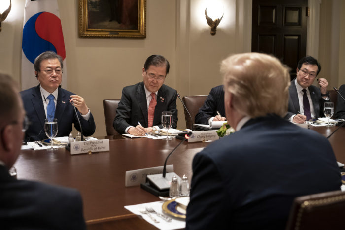 Moon faces Trump; working lunching in Washington, April 11, 2019. (White House/ Shealah Craighead via Flickr)