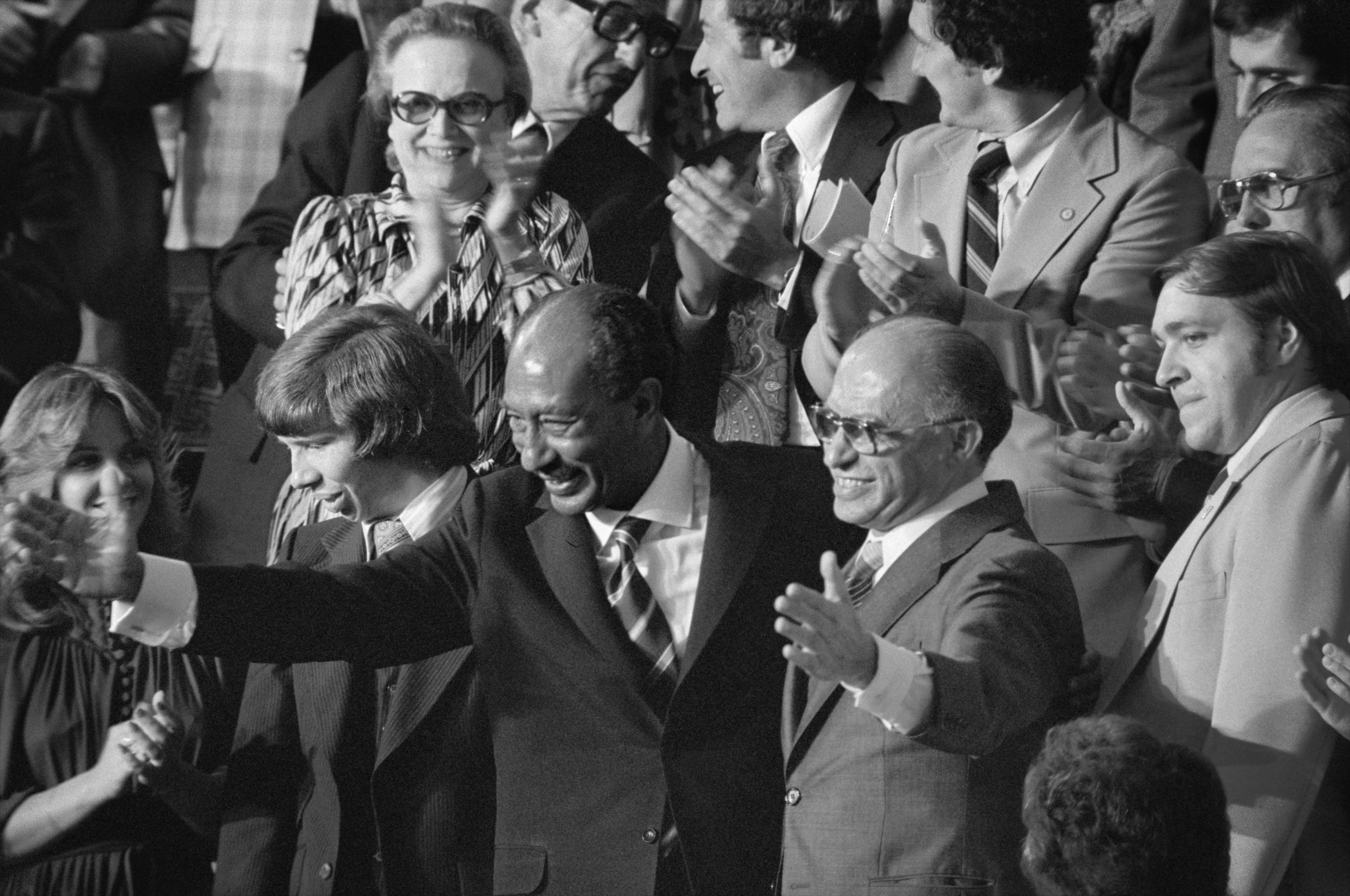 Sadat and Israeli Prime Minister Menachem Begin acknowledge applause during joint session of Congress during which President Jimmy Carter announced the results of the Camp David Accords, Sept. 18, 1978. (Warren Leffler via Wikimedia Commons