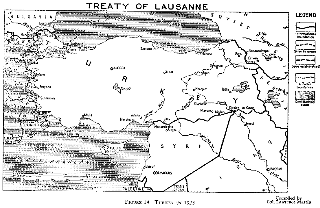 Turkish borders according to the Treaty of Lausanne, 1923.