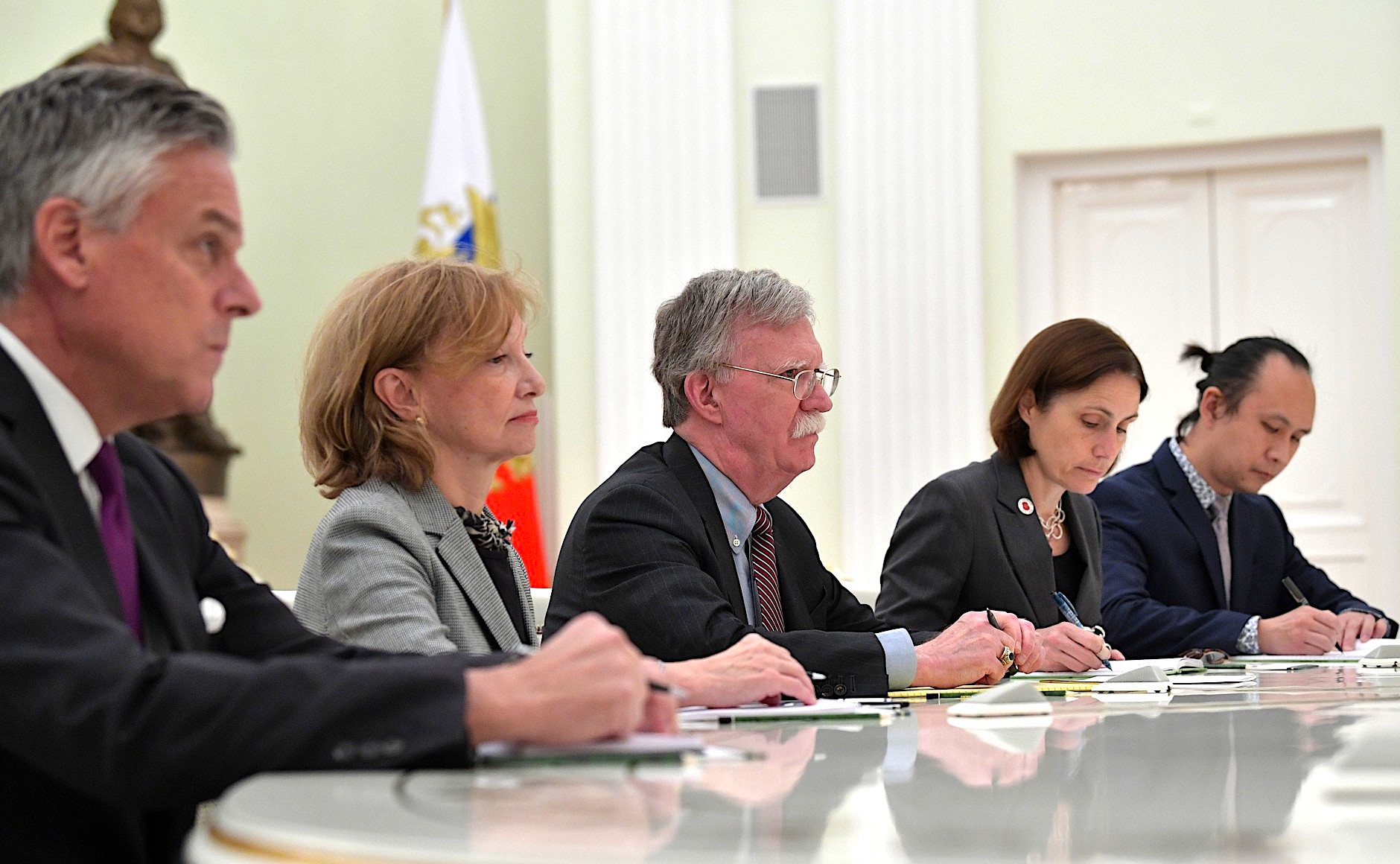 Fiona Hill, to the left of John Bolton, at meeting with Putin in Moscow, March 2018. Photo: Kremlin