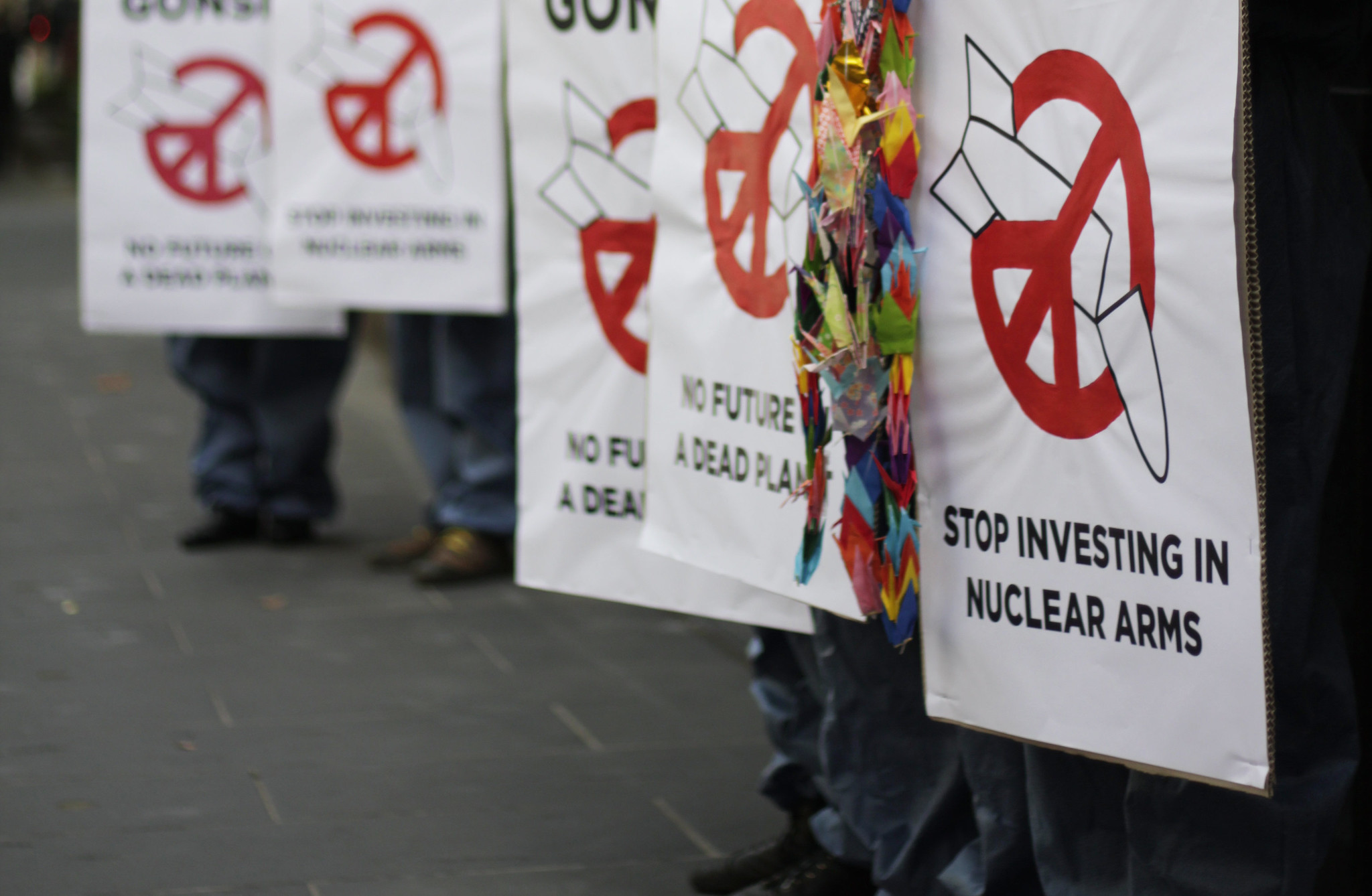 April 2012: International Campaign to Abolish Nuclear Weapons action against investments in nuclear weapons, Melbourne, Australia. (Tim Wright, ICAN, Flickr, CC BY 2.0)