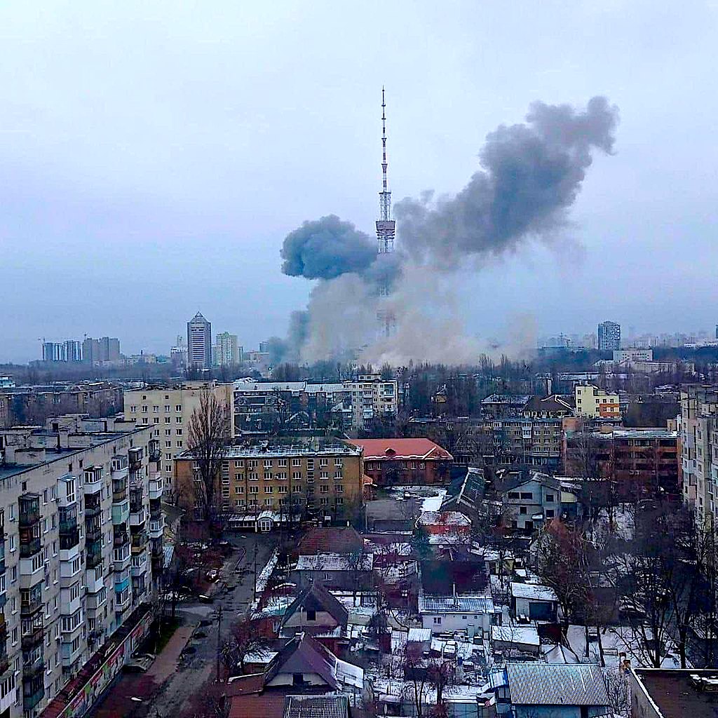 Russian bombardment of telecommunications antennas in Kiev, March 1. (Ministry of Internal Affairs of Ukraine/Wikimedia Commons)
