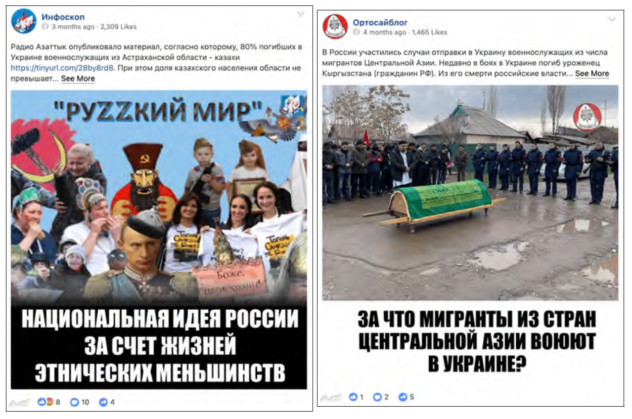 Posts suggesting Russia will use ethnic minorities to fight in Ukraine, left, and the deadly result of conscription of Central Asian migrants into the Russian military, right. (Stanford Internet Observatory-Graphika)
