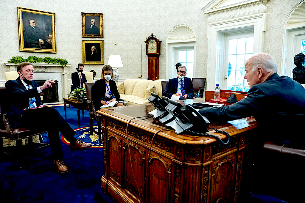 President Joe Biden conferring with National Security Advisor Jake Sullivan, at left, during a phone call with Ukrainian President Volodymyr Zelensky on Aug. 25. (White House, Adam Schultz)
