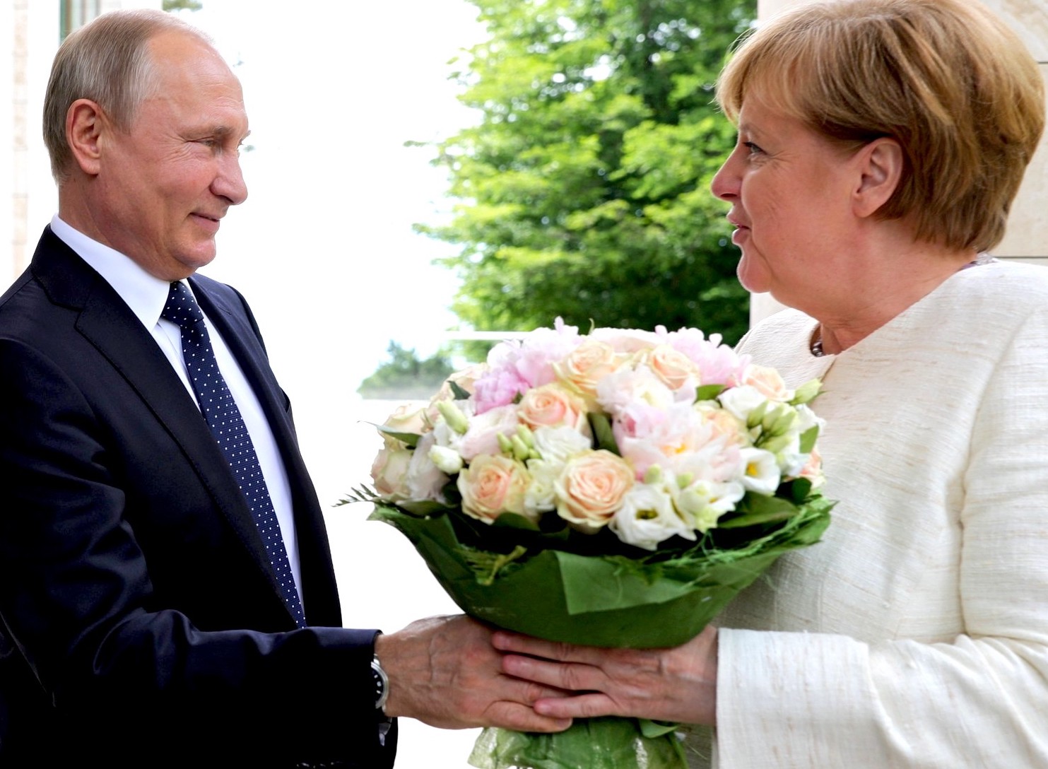 May 18, 2018: Russian President Vladimir Putin and German Chancellor Angela Merkel in Sochi, Russia. (Kremlin.ru, CC BY 4.0, Wikimedia Commons)