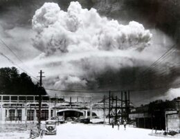 An atomic cloud hangs over the Japanese city of Nagasaki after the US dropped the second nuclear bomb on the country.