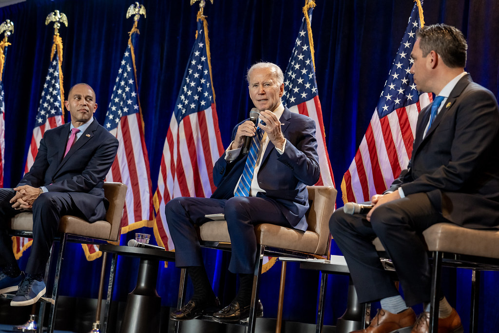 US House Minority Leader Jeffries, President Joe Biden and Rep. Pete Aguilar (D-CA), during the Democratic House Caucus Retreat on March 1 in Baltimore. Photo: Adam Schultz/White House. 