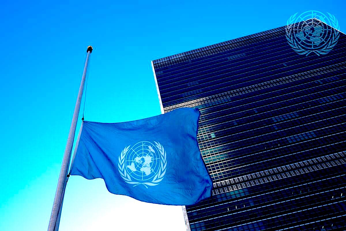 United Nations flag at half-mast at UN headquarters on Nov. 13 in mourning for colleagues killed in Gaza. Photo: Evan Schneider/UN Photo. 